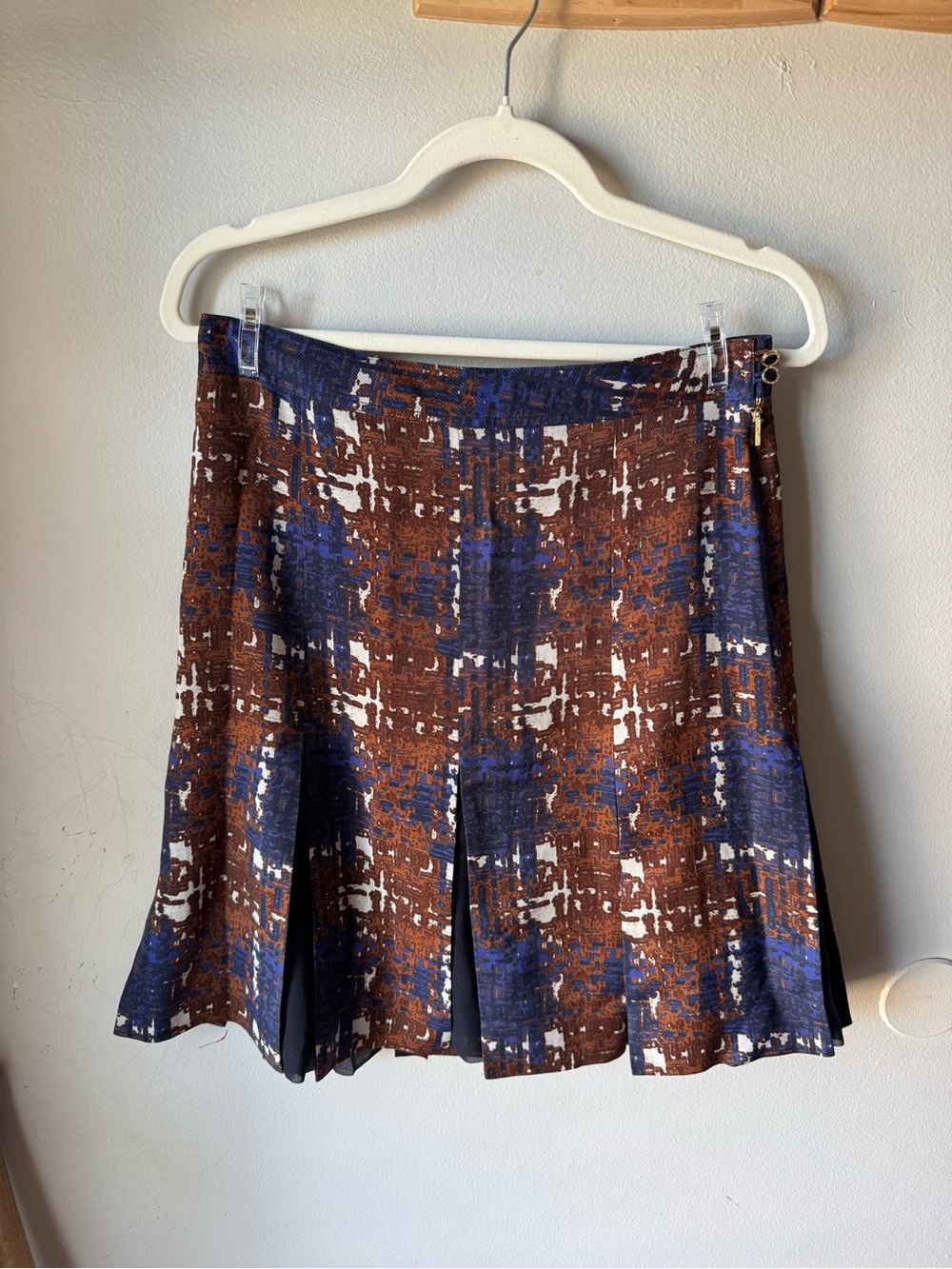 Tory Burch Wool Silk Pleated Printed Mini Skirt Size 4 Brown Blue Abstract